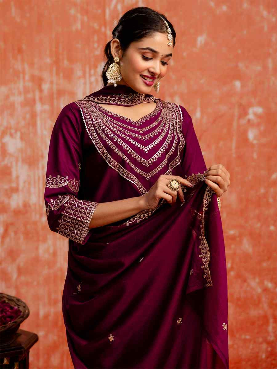 Purple Viscose Rayon Embroidered Party Wedding Ready Pant Salwar Kameez