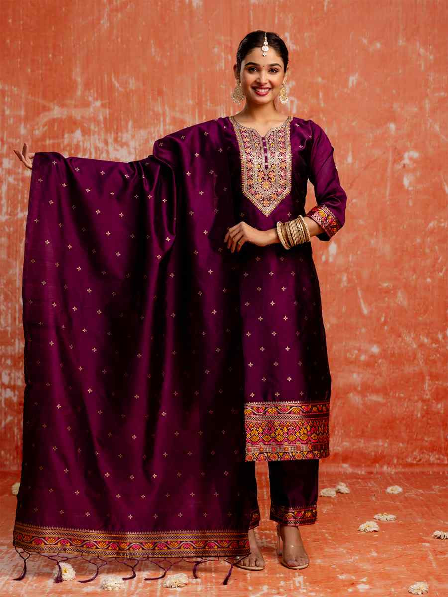 Purple Viscose Rayon Embroidered Party Wedding Ready Pant Salwar Kameez