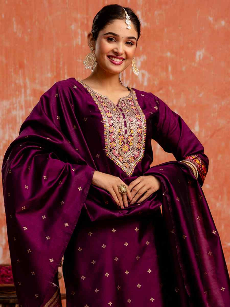 Purple Viscose Rayon Embroidered Party Wedding Ready Pant Salwar Kameez