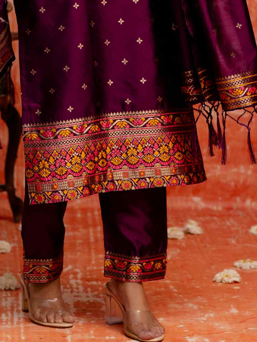 Purple Viscose Rayon Embroidered Party Wedding Ready Pant Salwar Kameez