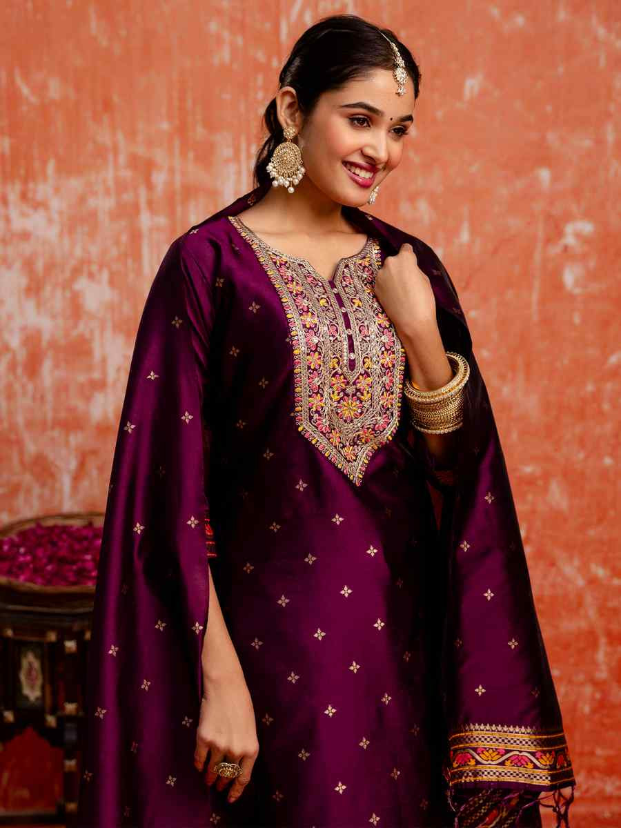 Purple Viscose Rayon Embroidered Party Wedding Ready Pant Salwar Kameez