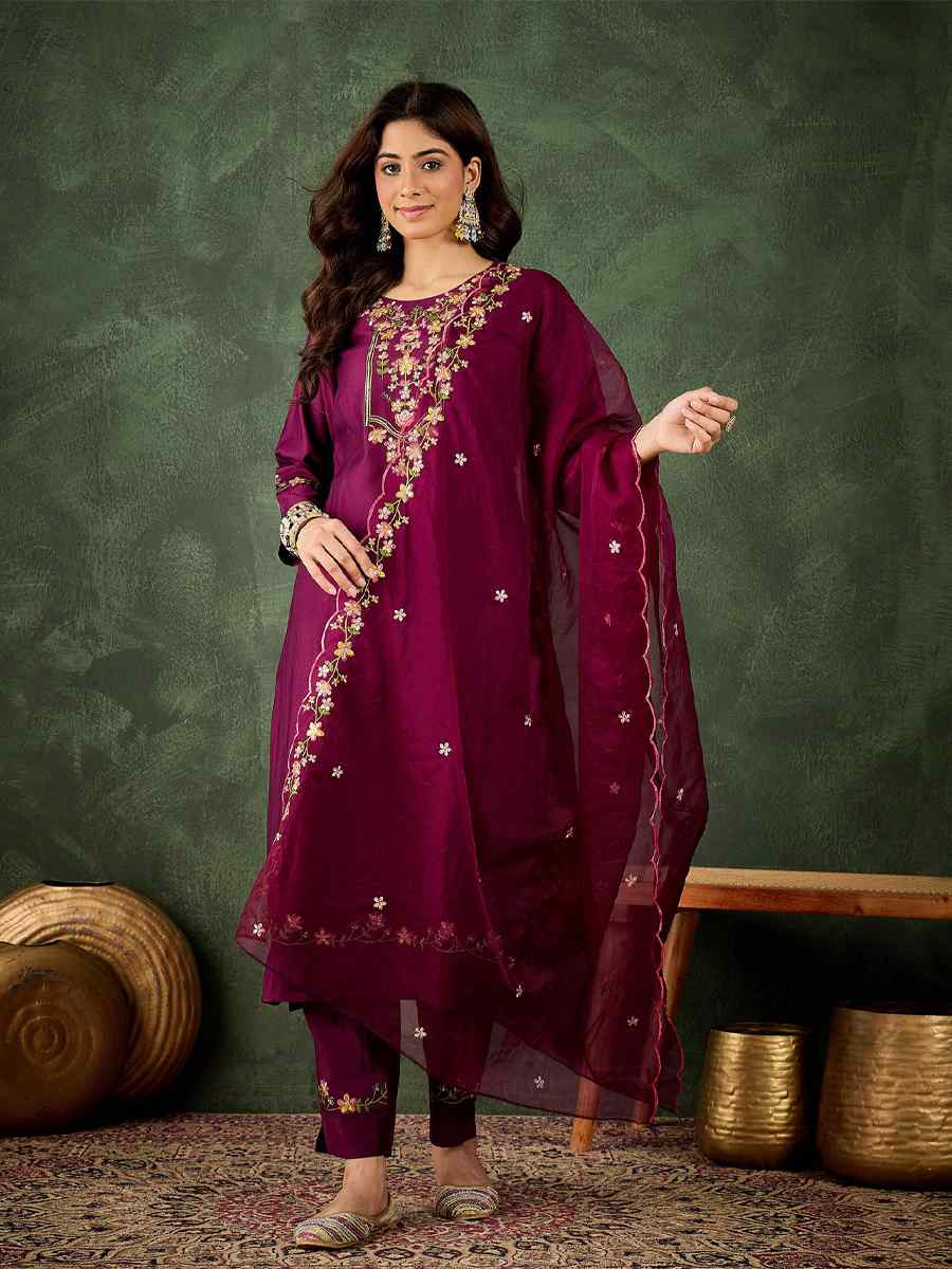 Purple Viscose Rayon Embroidery Party Wedding Festival Casual Ready Pant Salwar Kameez