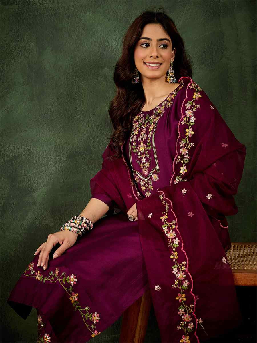 Purple Viscose Rayon Embroidery Party Wedding Festival Casual Ready Pant Salwar Kameez