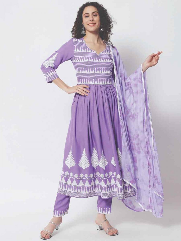 Purple Viscose Rayon Printed Festival Casual Ready Pant Salwar Kameez