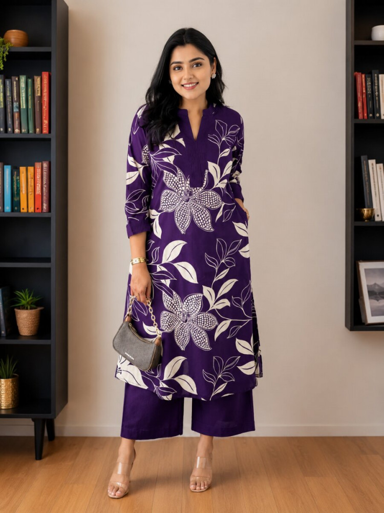 Image of Purple Viscose Rayon Printed Wedding Party Festival Casual Palazzo Pant Salwar Kameez