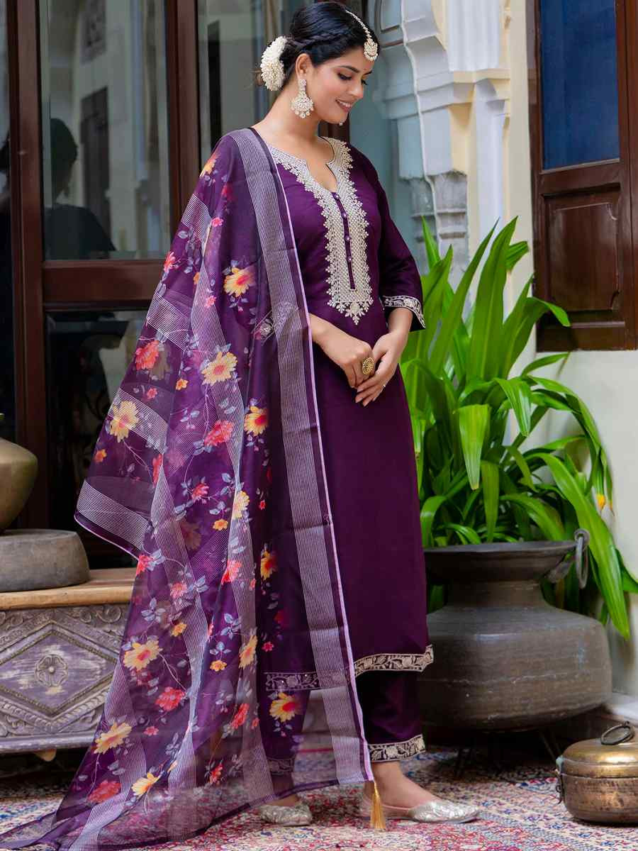 Purple Viscose Roman Silk Embroidered Mehendi Wedding Ready Pant Salwar Kameez