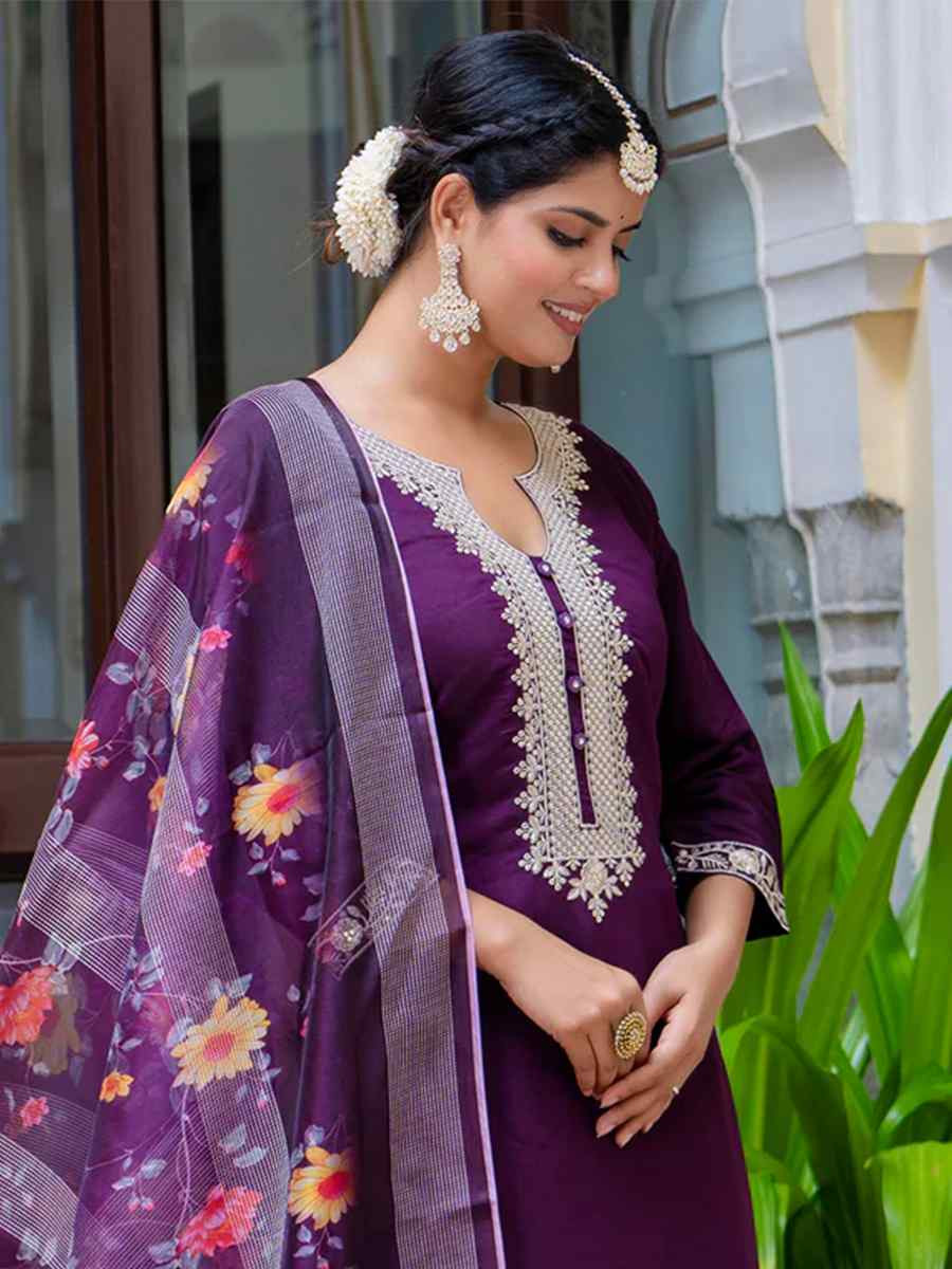 Purple Viscose Roman Silk Embroidered Mehendi Wedding Ready Pant Salwar Kameez