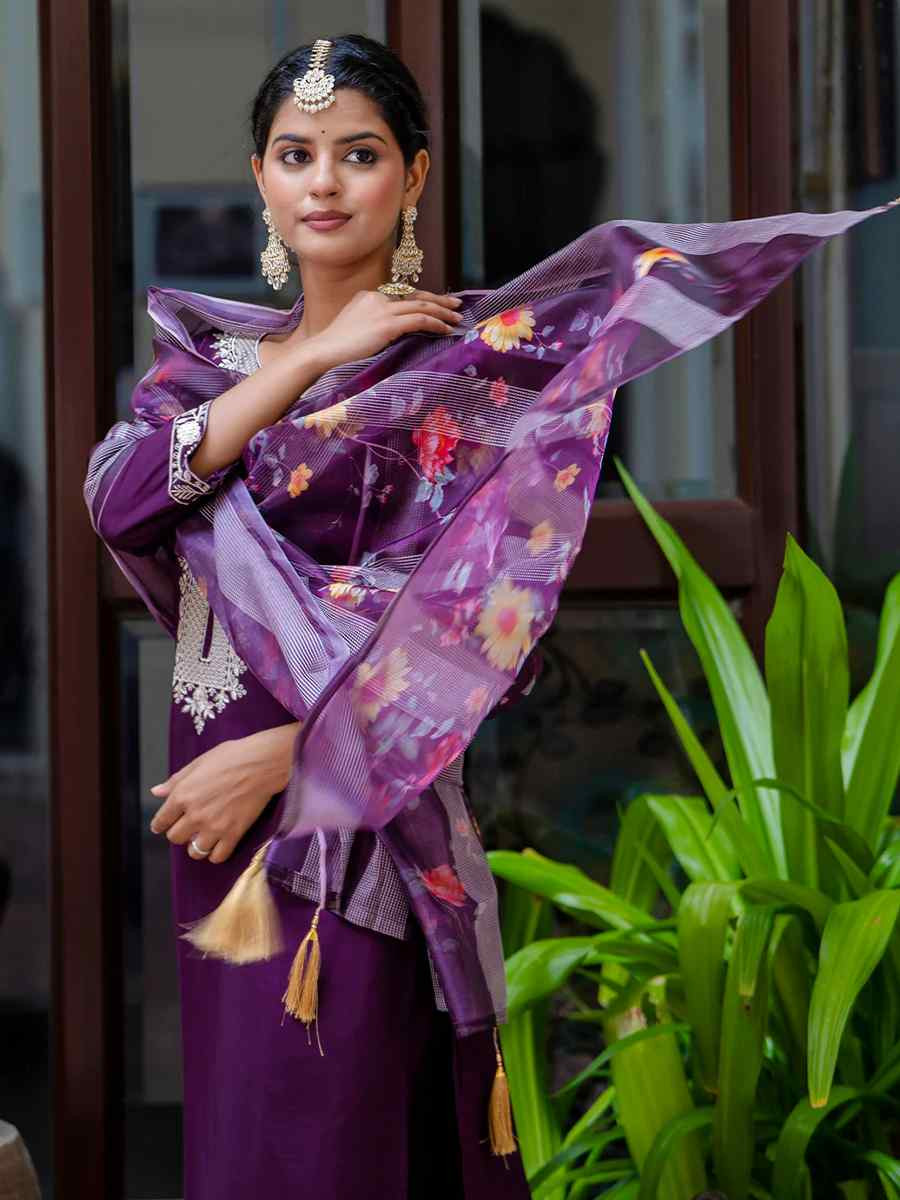 Purple Viscose Roman Silk Embroidered Mehendi Wedding Ready Pant Salwar Kameez