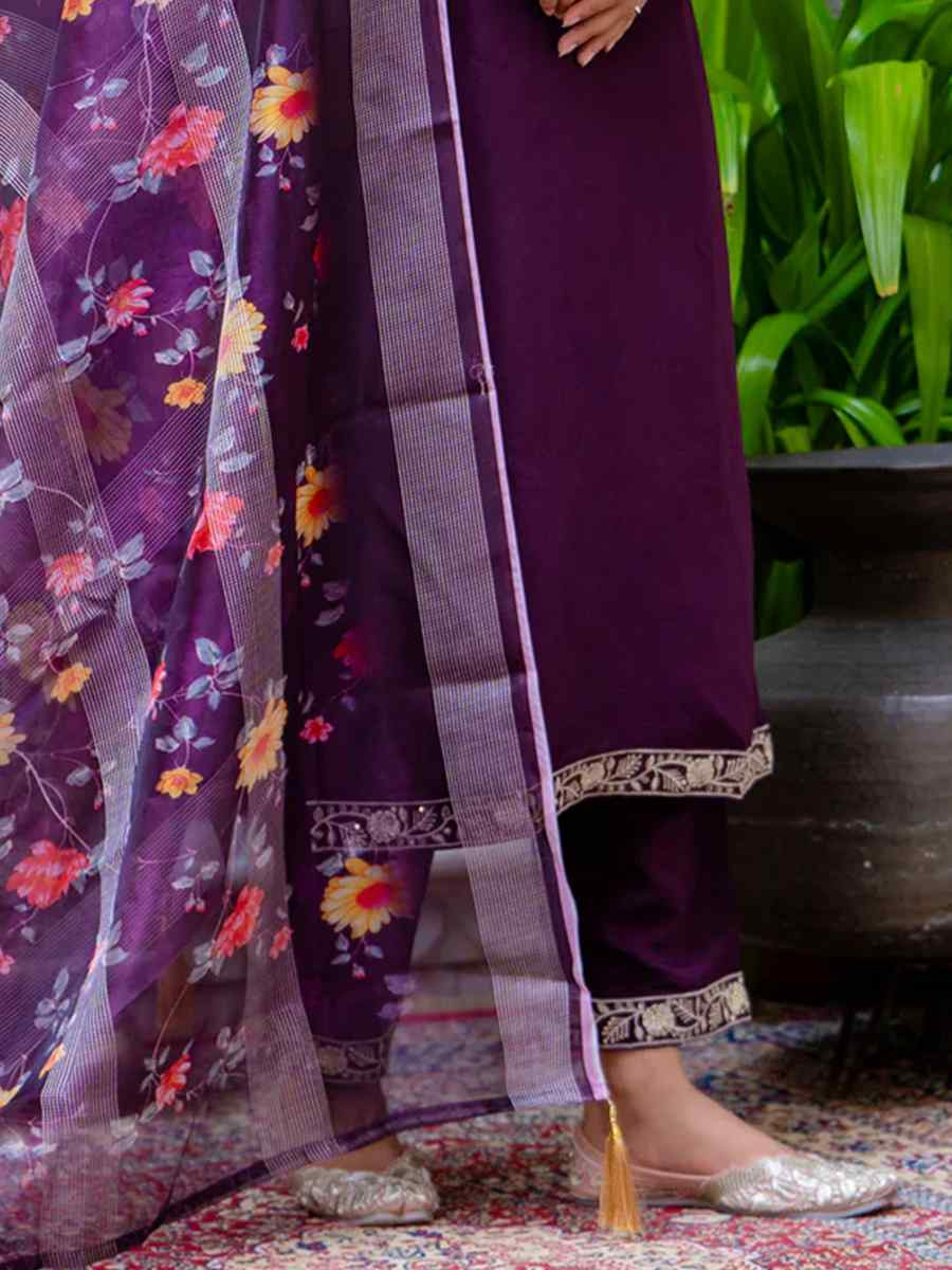Purple Viscose Roman Silk Embroidered Mehendi Wedding Ready Pant Salwar Kameez