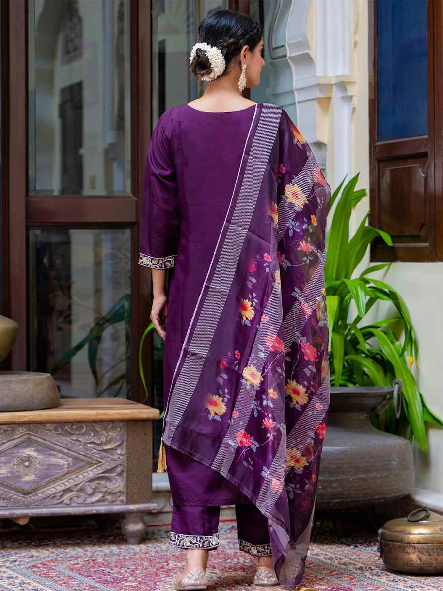 Purple Viscose Roman Silk Embroidered Mehendi Wedding Ready Pant Salwar Kameez