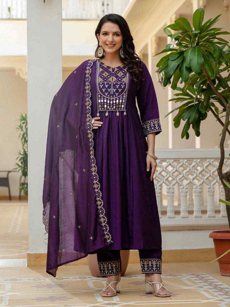 Image of Purple Viscose Roman Silk Embroidery Party Wedding Festival Casual Ready Anarkali Salwar Kameez