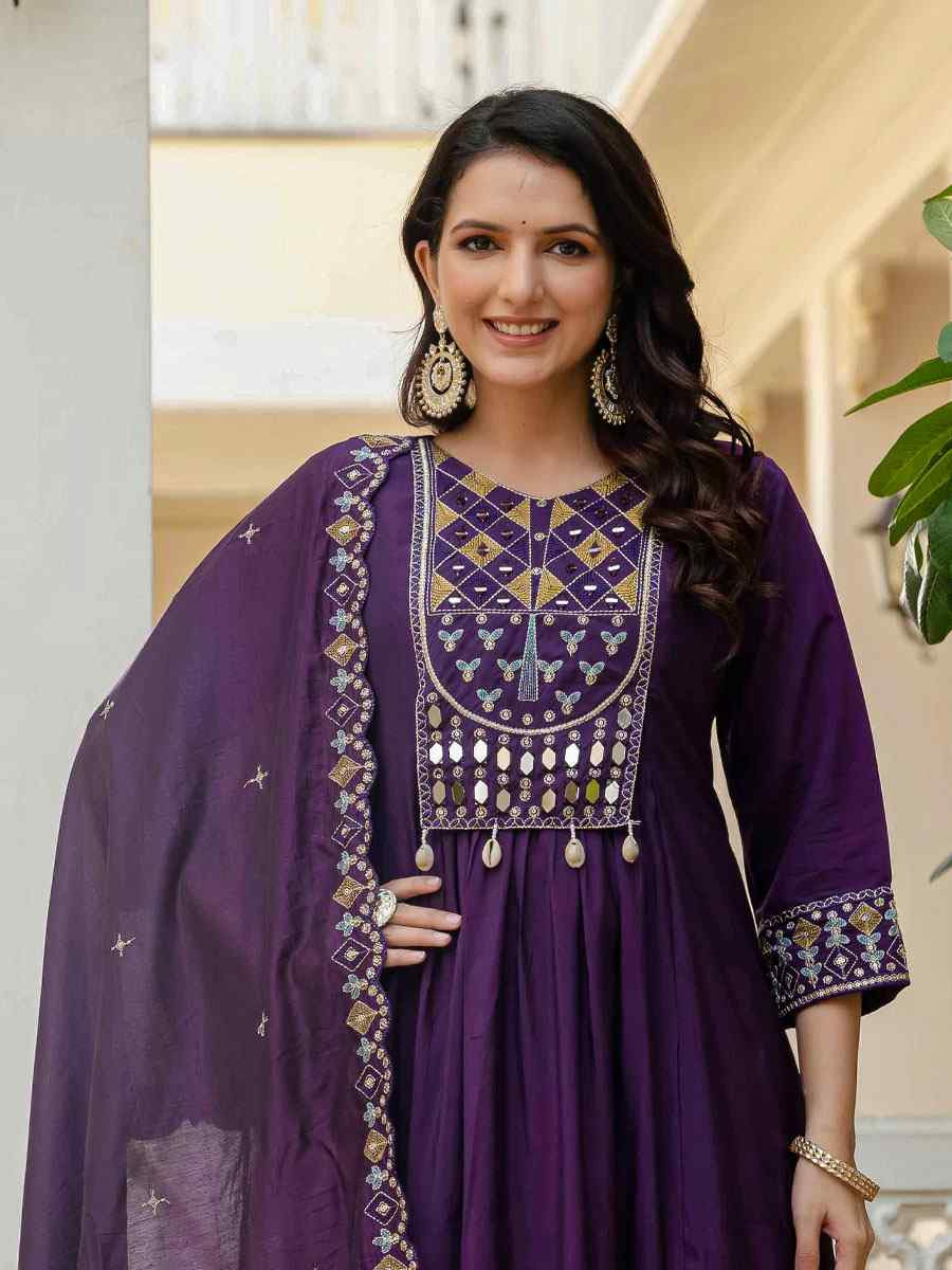 Purple Viscose Roman Silk Embroidery Party Wedding Festival Casual Ready Anarkali Salwar Kameez