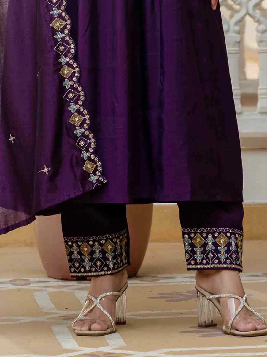 Purple Viscose Roman Silk Embroidery Party Wedding Festival Casual Ready Anarkali Salwar Kameez