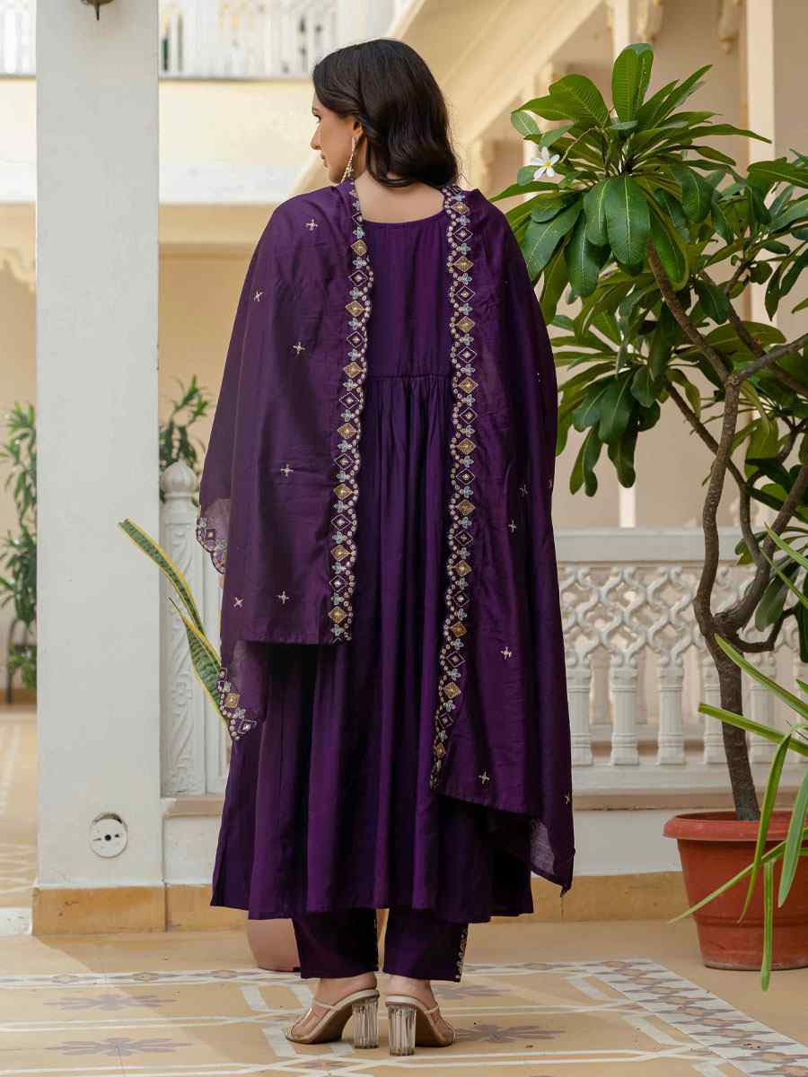 Purple Viscose Roman Silk Embroidery Party Wedding Festival Casual Ready Anarkali Salwar Kameez
