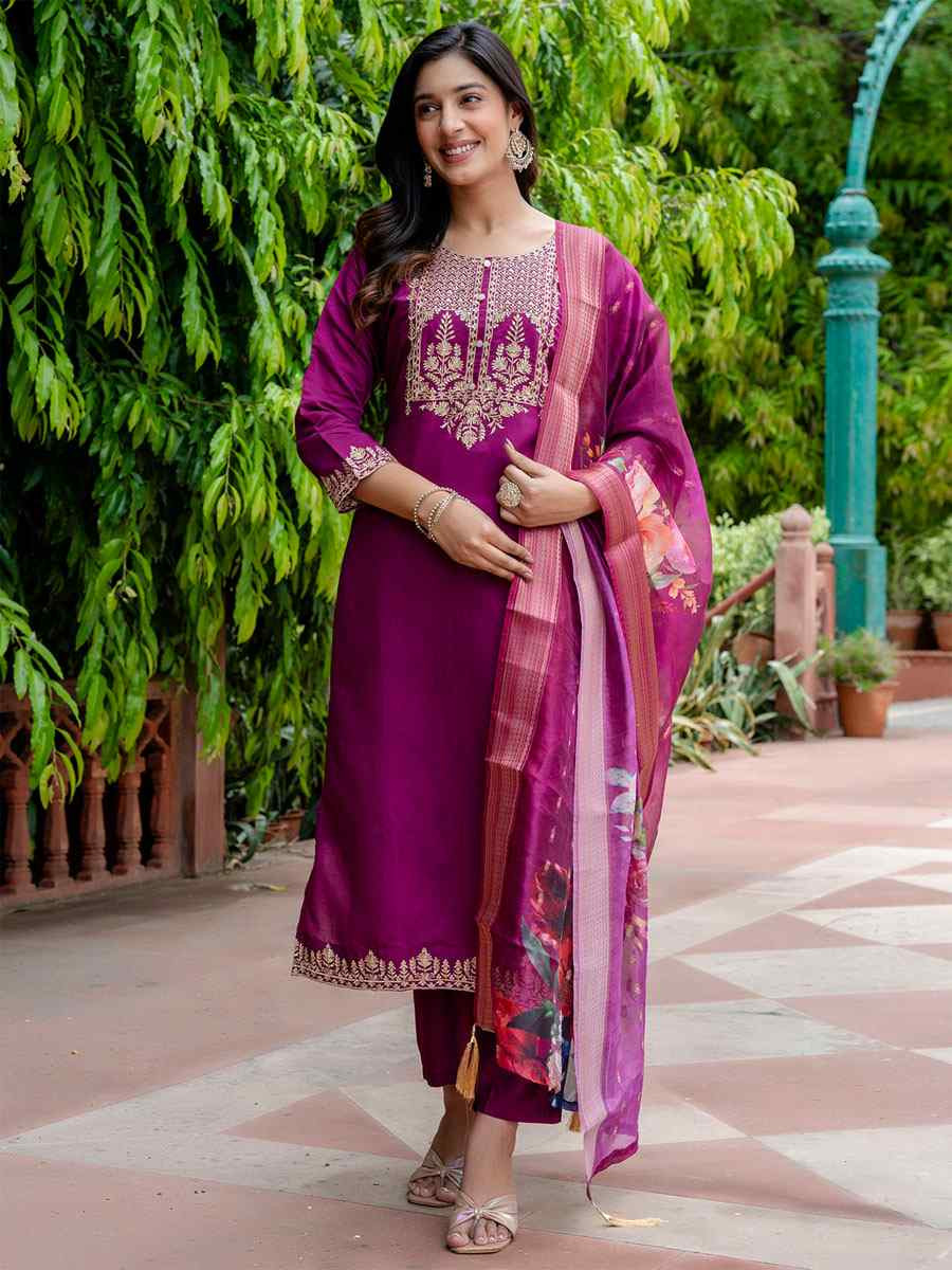 Purple Viscose Roman Silk Embroidery Party Wedding Festival Casual Ready Pant Salwar Kameez