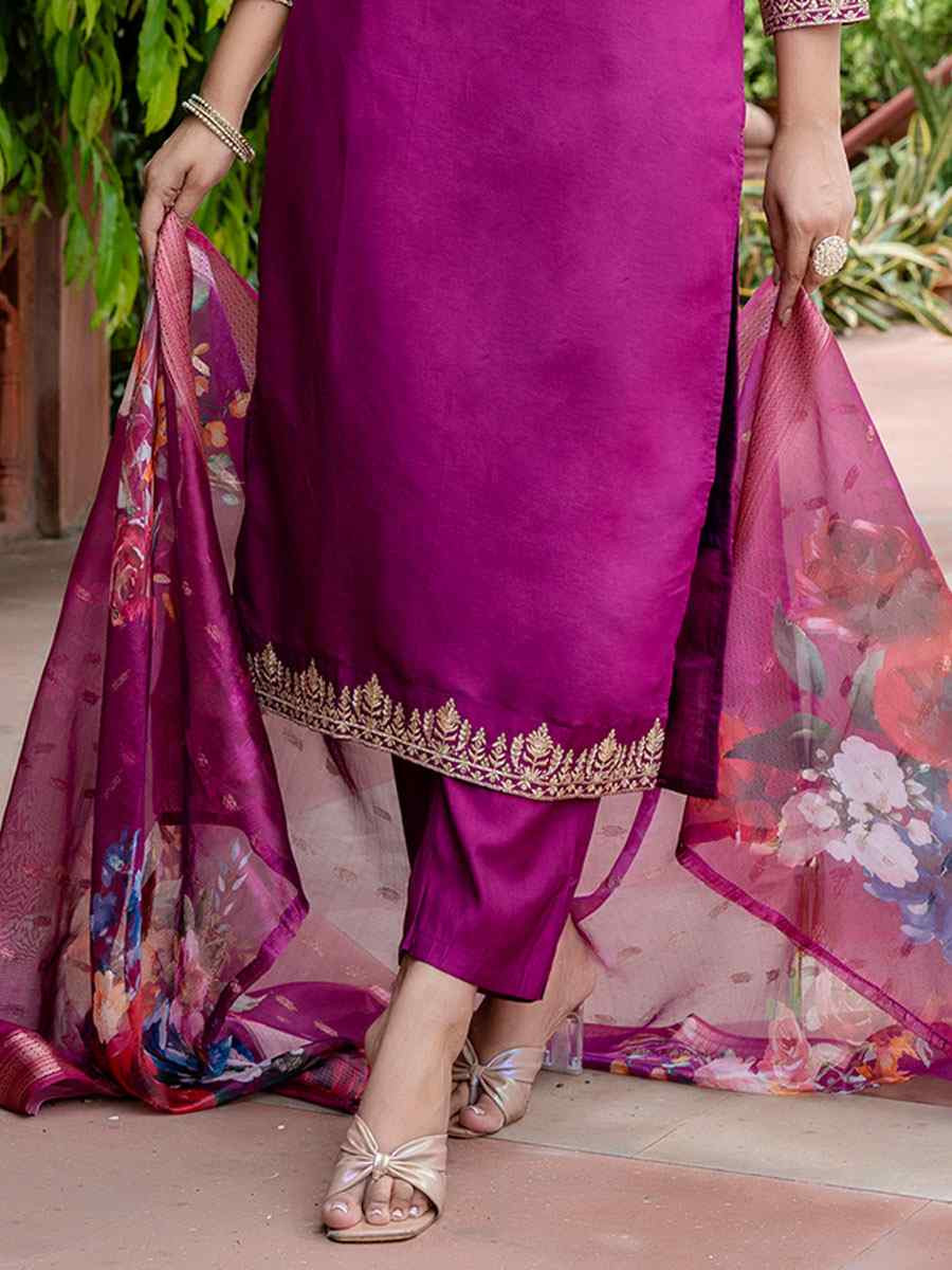 Purple Viscose Roman Silk Embroidery Party Wedding Festival Casual Ready Pant Salwar Kameez