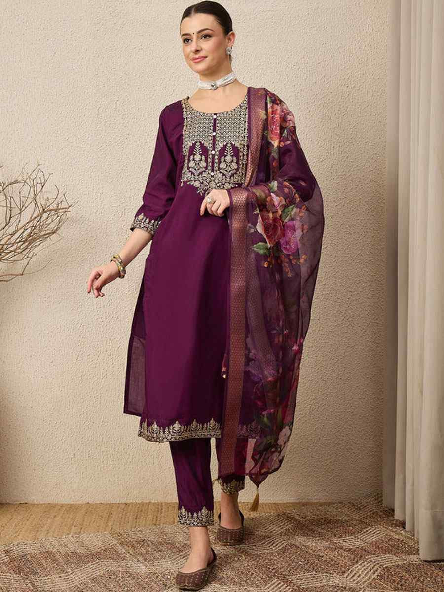 Purple Viscose Roman Silk Embroidery Party Wedding Festival Casual Ready Pant Salwar Kameez
