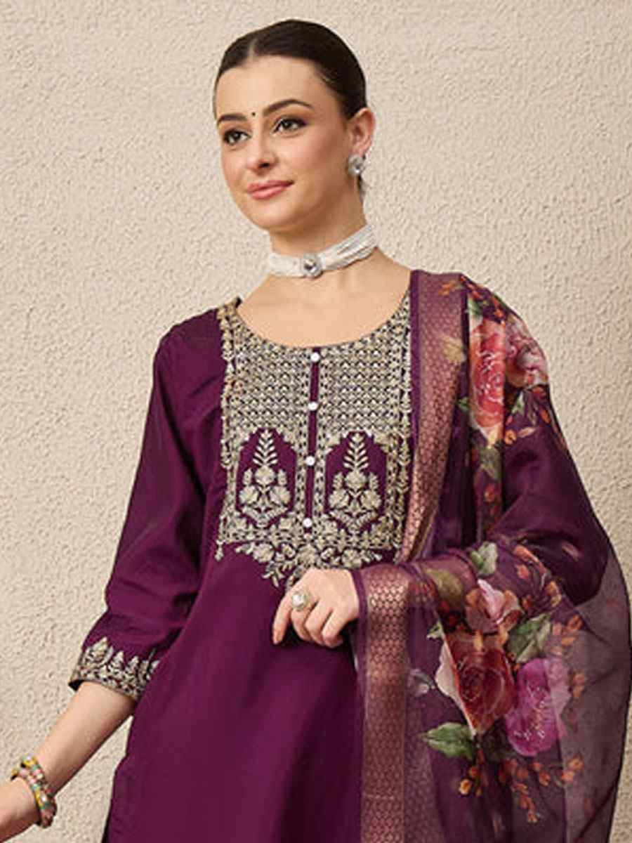 Purple Viscose Roman Silk Embroidery Party Wedding Festival Casual Ready Pant Salwar Kameez