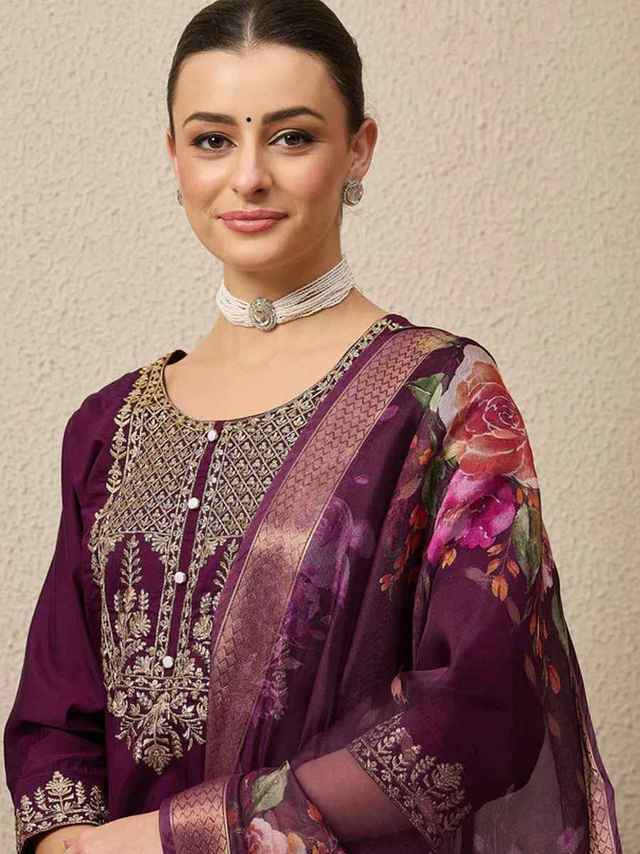 Purple Viscose Roman Silk Embroidery Party Wedding Festival Casual Ready Pant Salwar Kameez