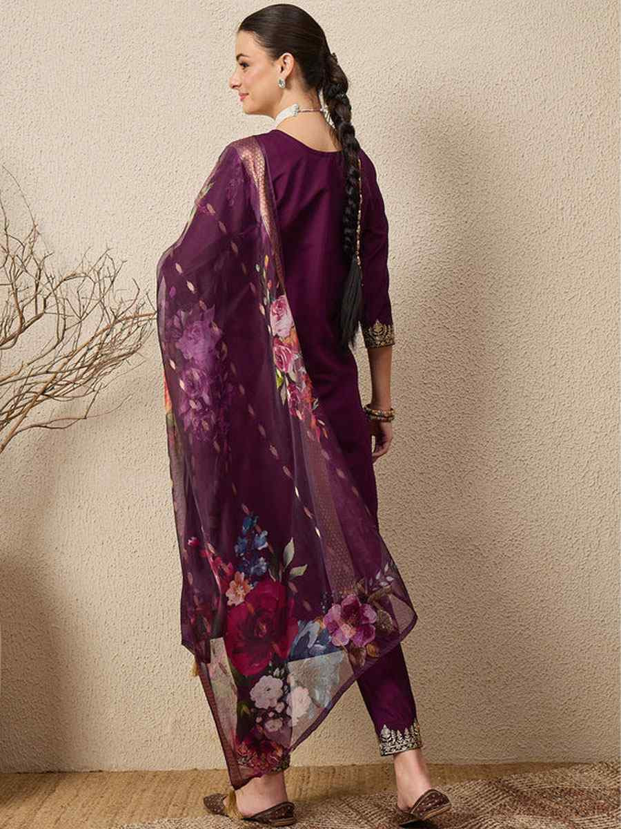 Purple Viscose Roman Silk Embroidery Party Wedding Festival Casual Ready Pant Salwar Kameez