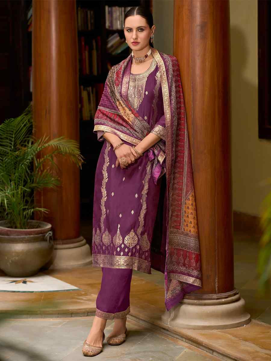 Purple Viscose Self Jacquard Embroidered Festival Casual Ready Pant Salwar Kameez