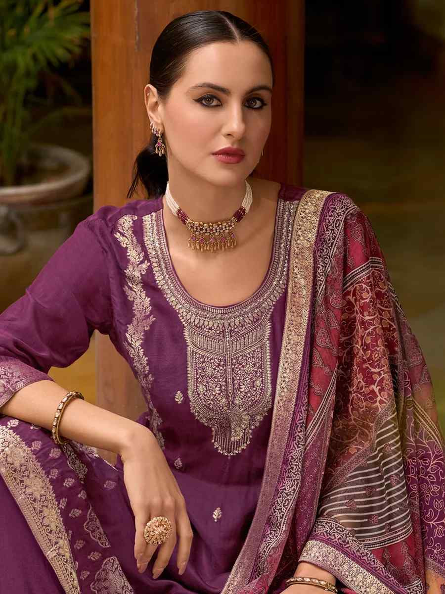 Purple Viscose Self Jacquard Embroidered Festival Casual Ready Pant Salwar Kameez