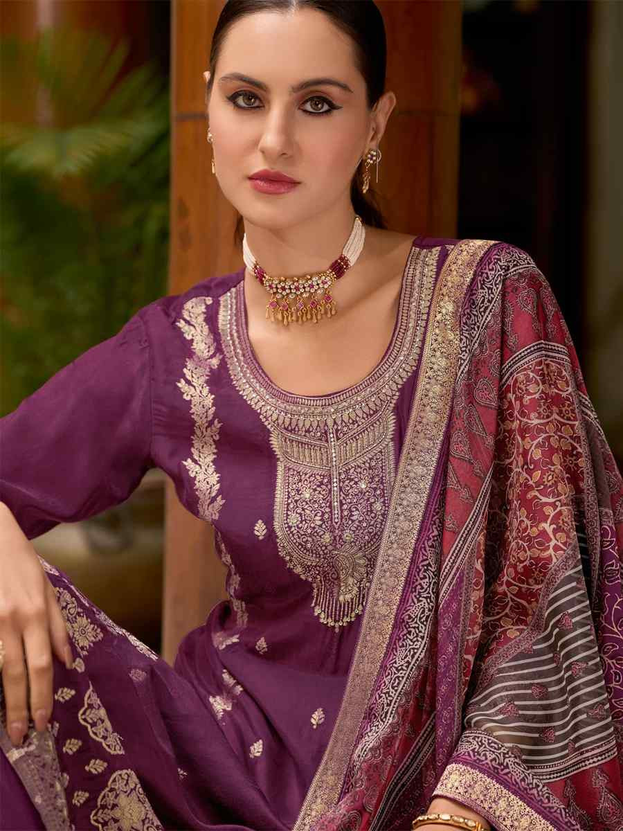 Purple Viscose Self Jacquard Embroidered Festival Casual Ready Pant Salwar Kameez