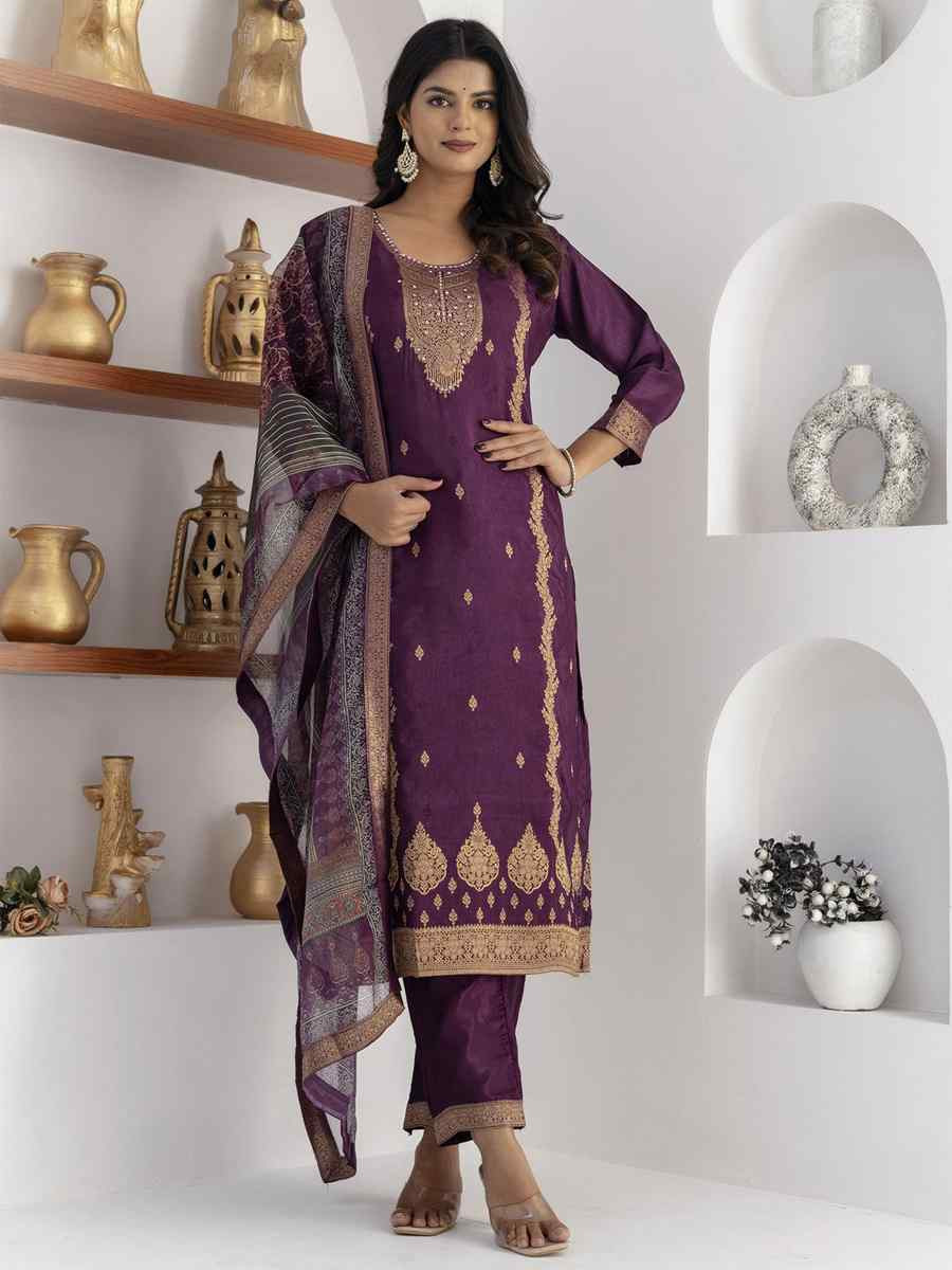 Purple Viscose Self Jacquard Embroidery Party Wedding Festival Casual Ready Pant Salwar Kameez