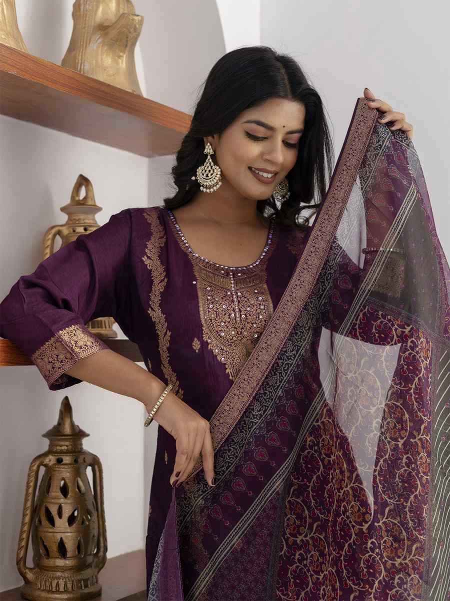 Purple Viscose Self Jacquard Embroidery Party Wedding Festival Casual Ready Pant Salwar Kameez