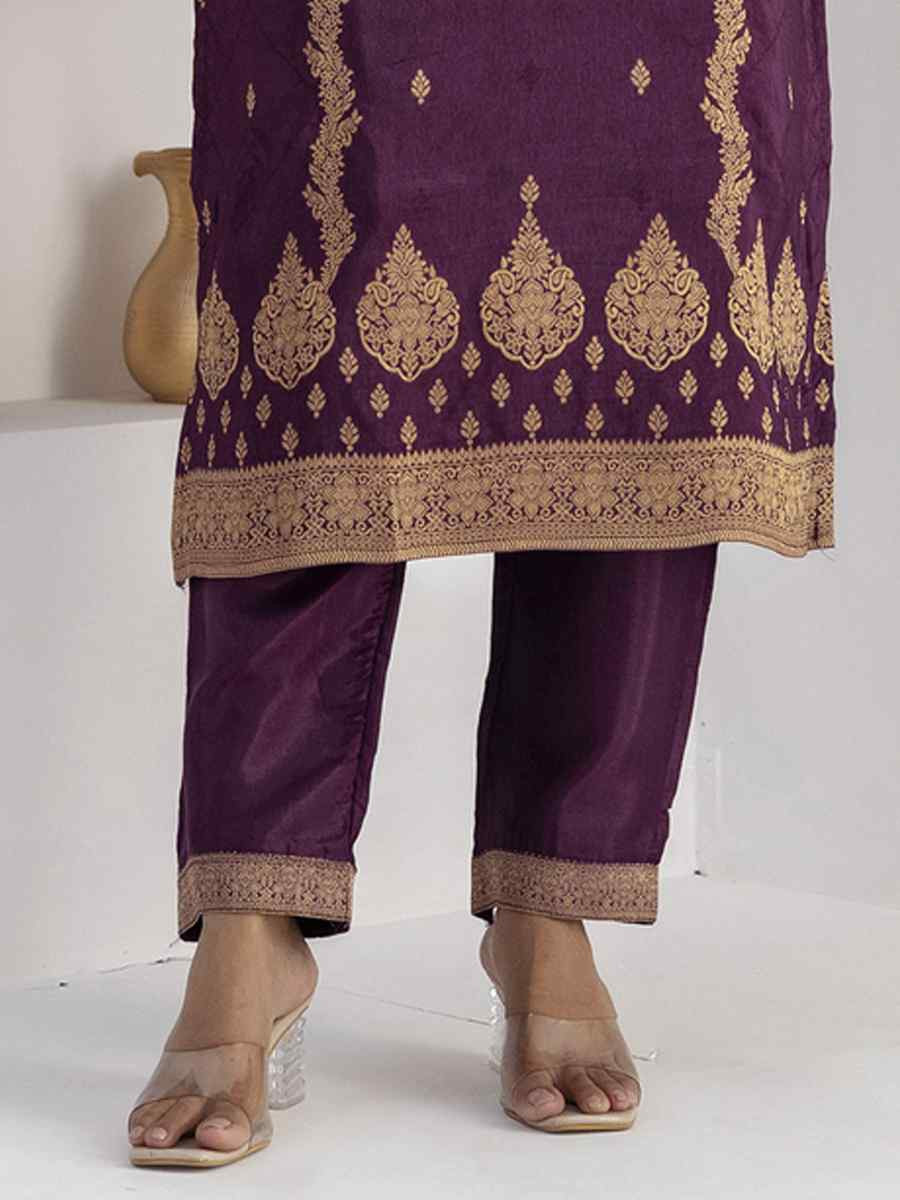 Purple Viscose Self Jacquard Embroidery Party Wedding Festival Casual Ready Pant Salwar Kameez