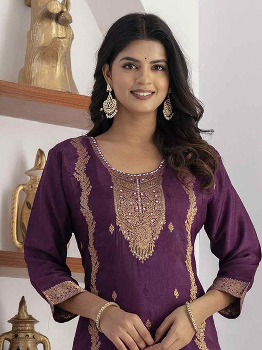 Purple Viscose Self Jacquard Embroidery Party Wedding Festival Casual Ready Pant Salwar Kameez