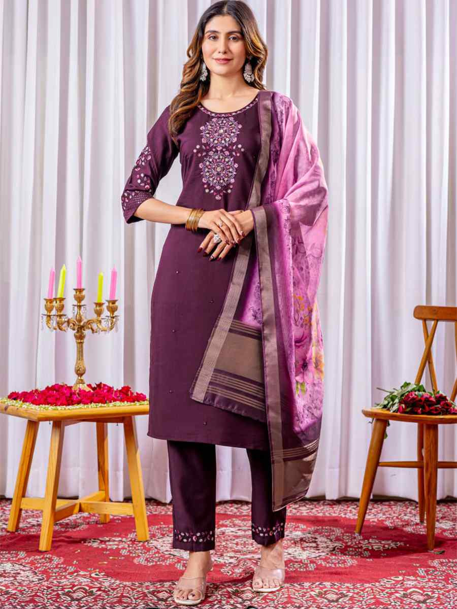 Purple Viscose Silk Embroidered Party Wedding Ready Pant Salwar Kameez