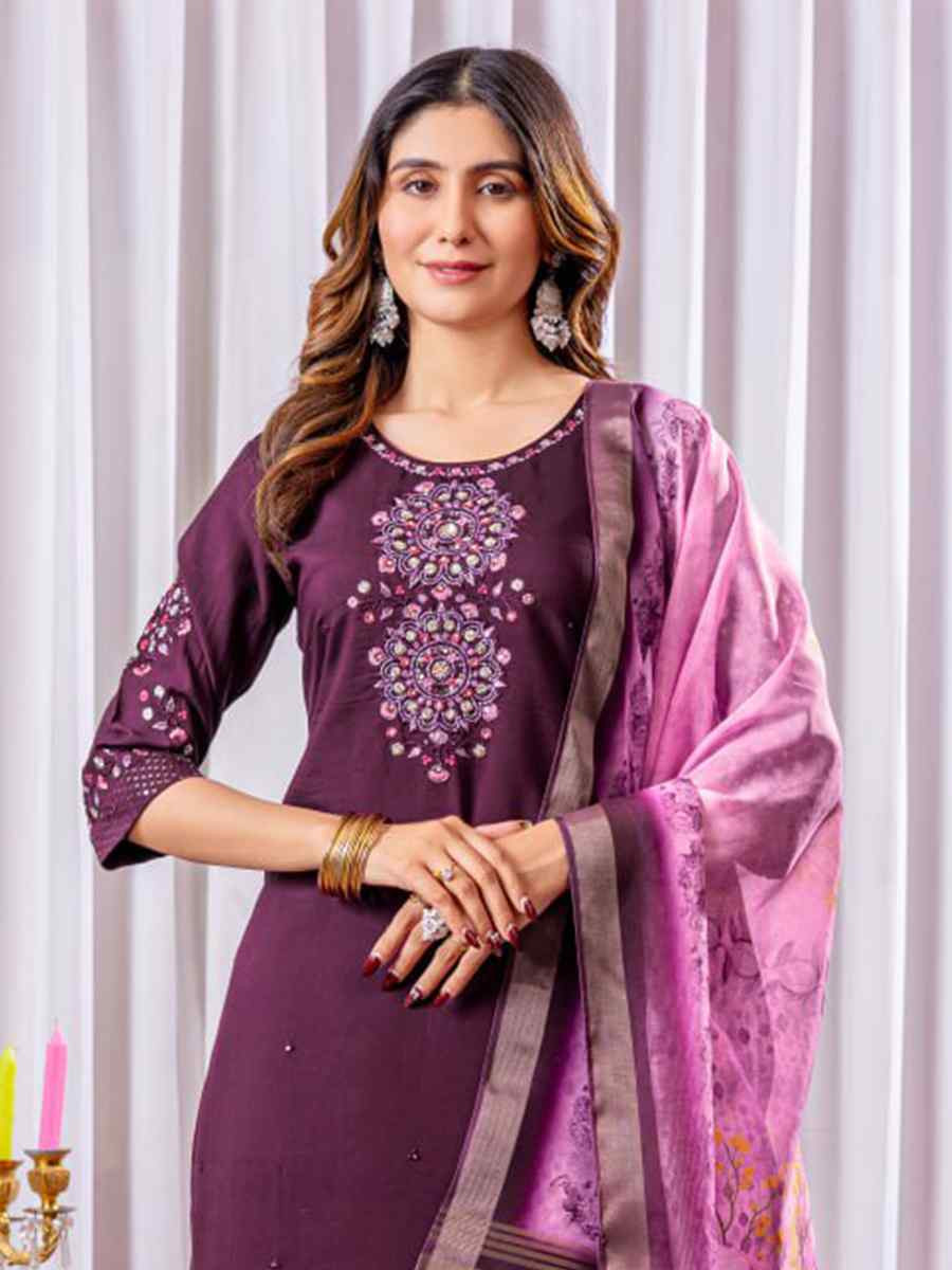 Purple Viscose Silk Embroidered Party Wedding Ready Pant Salwar Kameez