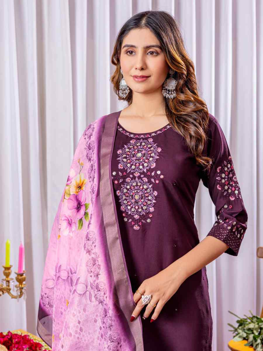 Purple Viscose Silk Embroidered Party Wedding Ready Pant Salwar Kameez