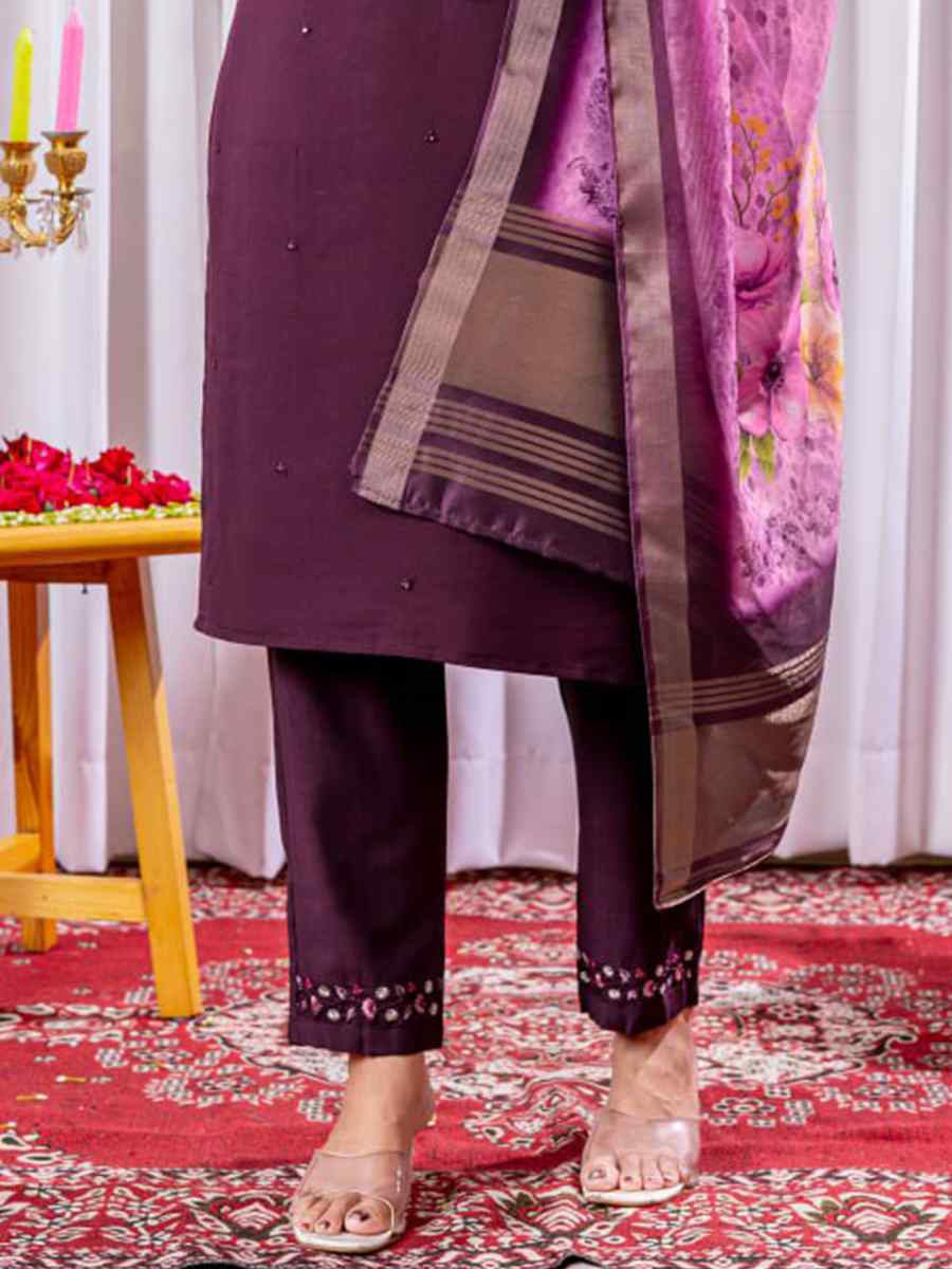 Purple Viscose Silk Embroidered Party Wedding Ready Pant Salwar Kameez