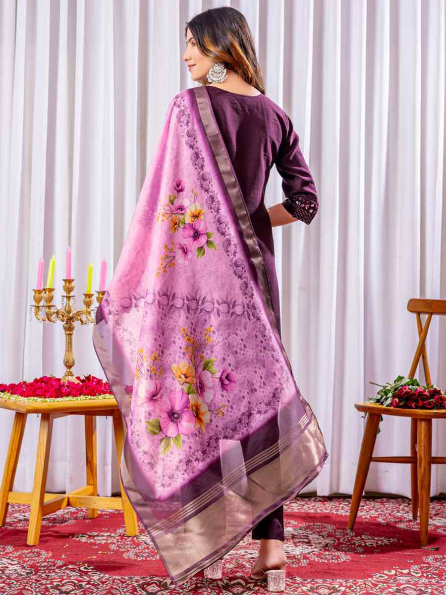 Purple Viscose Silk Embroidered Party Wedding Ready Pant Salwar Kameez