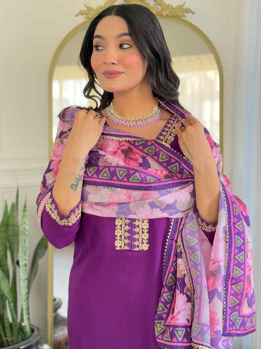 Purple Viscose Slub Embroidered Festival Casual Ready Pant Salwar Kameez