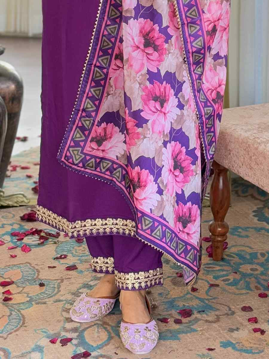 Purple Viscose Slub Embroidered Festival Casual Ready Pant Salwar Kameez