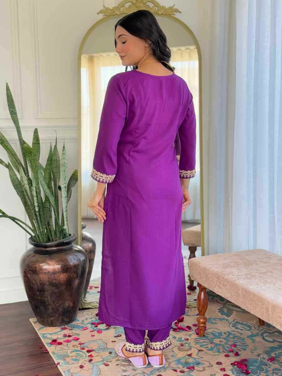 Purple Viscose Slub Embroidered Festival Casual Ready Pant Salwar Kameez
