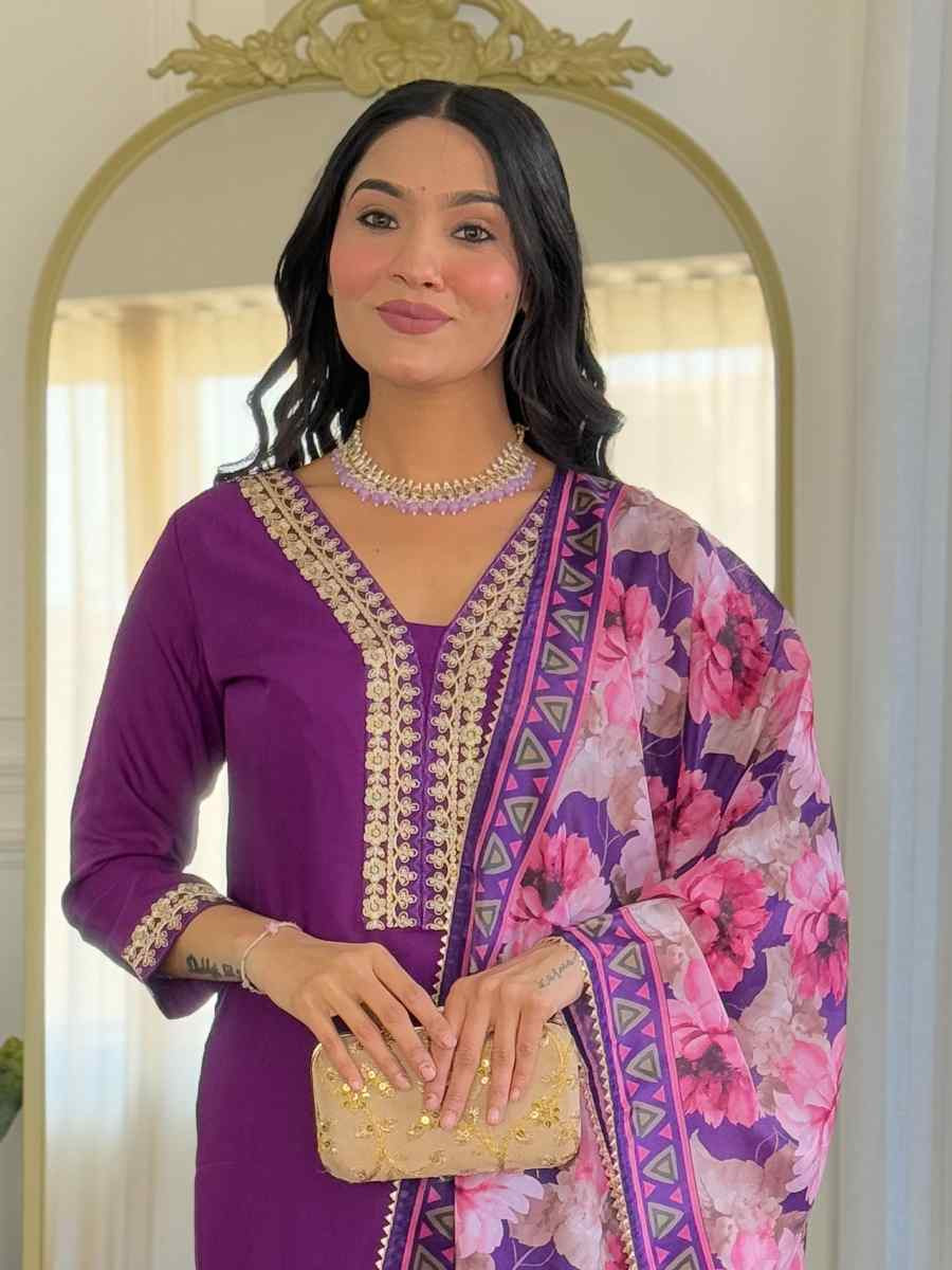 Purple Viscose Slub Embroidered Festival Casual Ready Pant Salwar Kameez