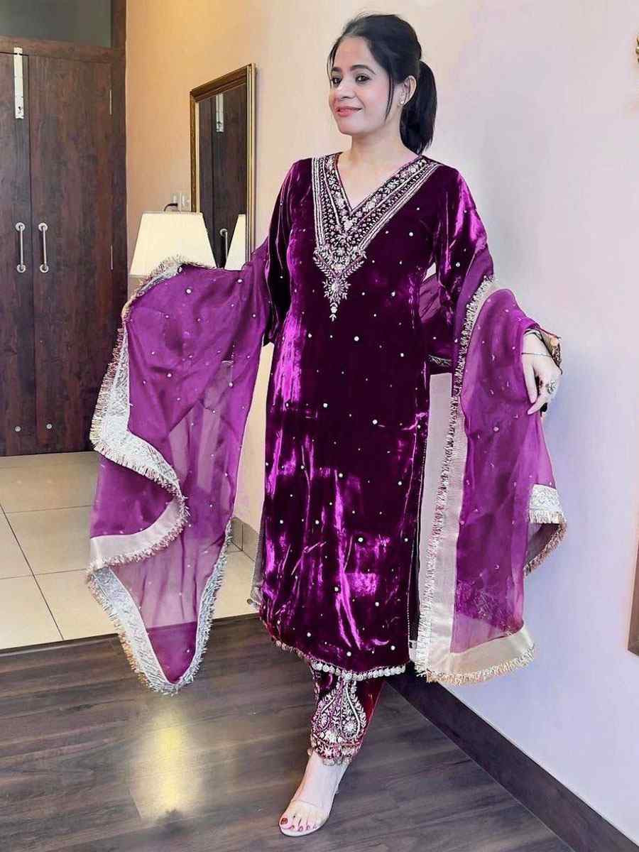 Purple Viscose Velvet Embroidery Party Wedding Festival Casual Ready Pant Salwar Kameez