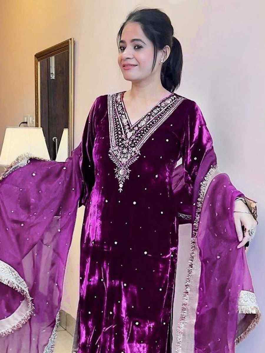 Purple Viscose Velvet Embroidery Party Wedding Festival Casual Ready Pant Salwar Kameez