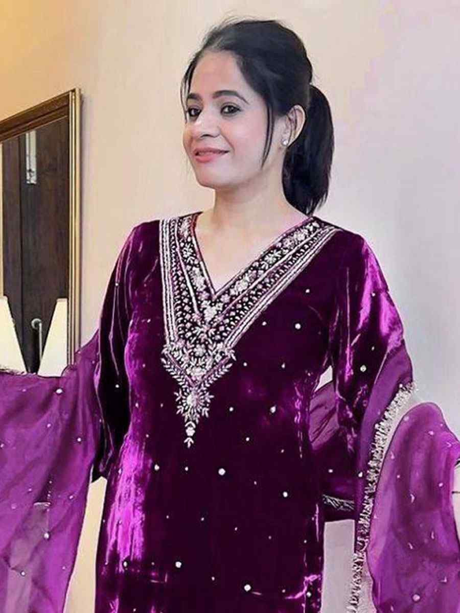 Purple Viscose Velvet Embroidery Party Wedding Festival Casual Ready Pant Salwar Kameez