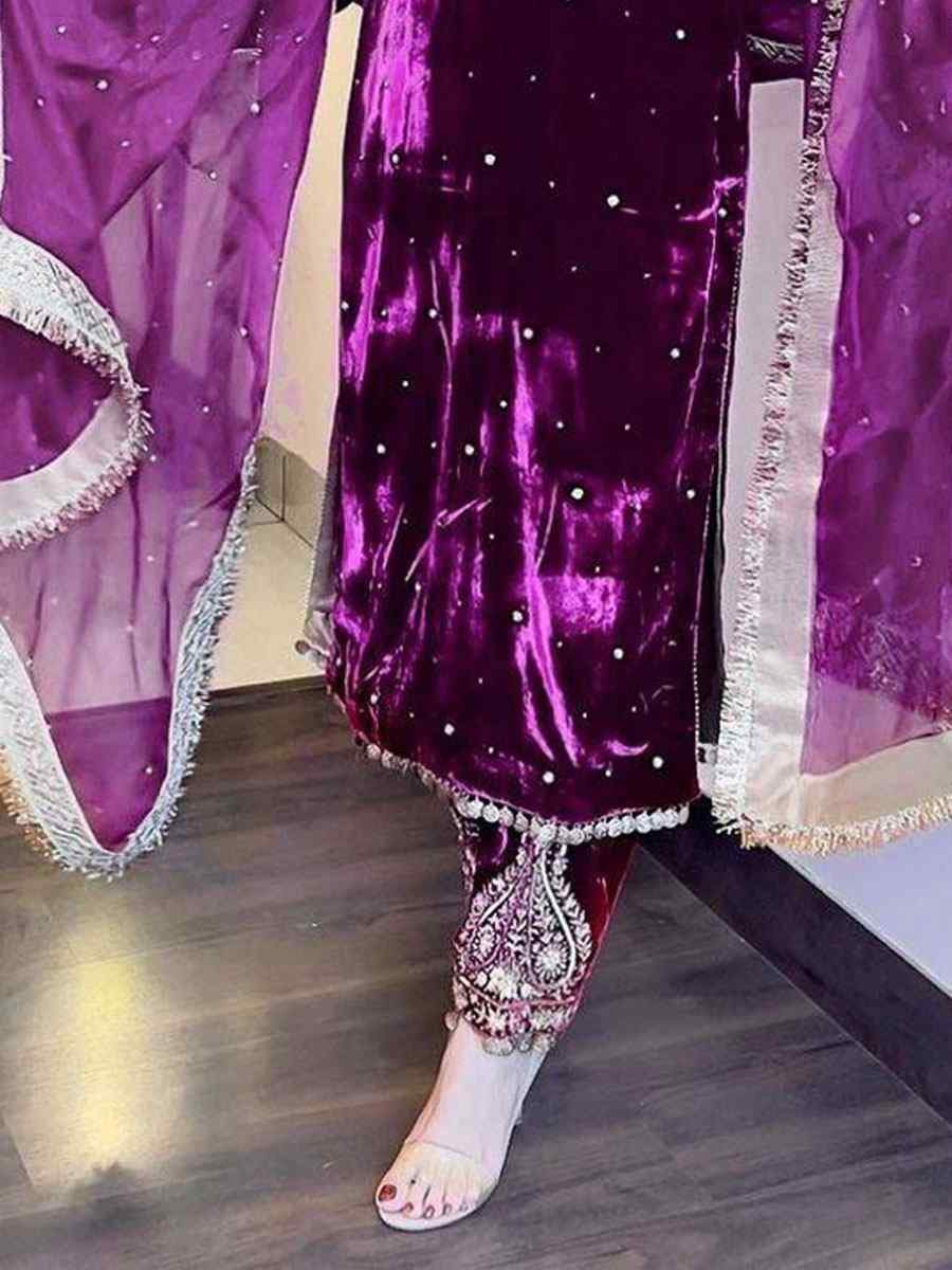 Purple Viscose Velvet Embroidery Party Wedding Festival Casual Ready Pant Salwar Kameez