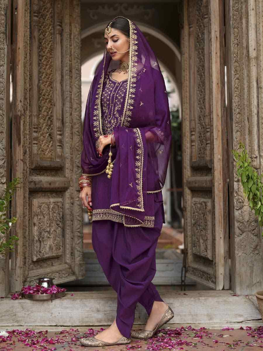 Purple Viscouse Self Jacquard Embroidered Festival Mehendi Ready Doti Pant Salwar Kameez