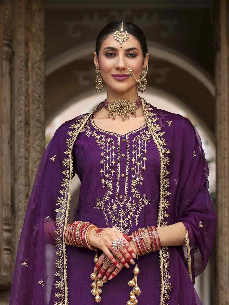 Purple Viscouse Self Jacquard Embroidered Festival Mehendi Ready Doti Pant Salwar Kameez
