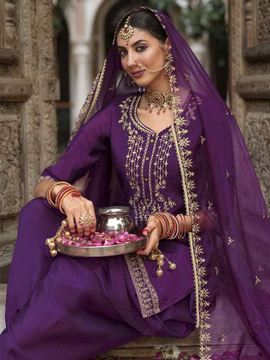 Purple Viscouse Self Jacquard Embroidered Festival Mehendi Ready Doti Pant Salwar Kameez