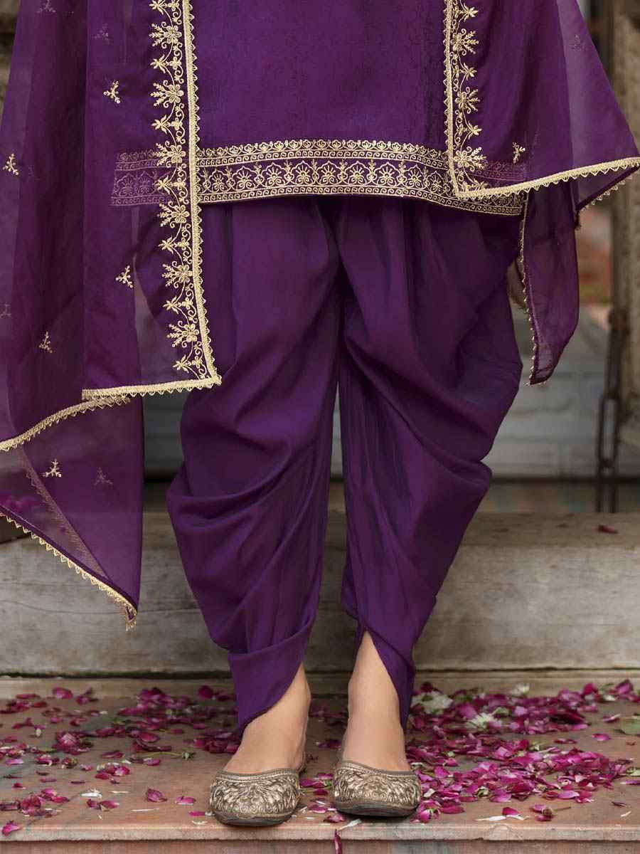 Purple Viscouse Self Jacquard Embroidered Festival Mehendi Ready Doti Pant Salwar Kameez