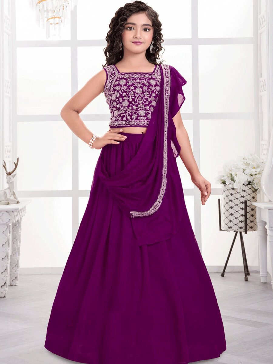 Purple Visitra Silk Embroidered Wedding Festival Party Lehengas Girls Wear
