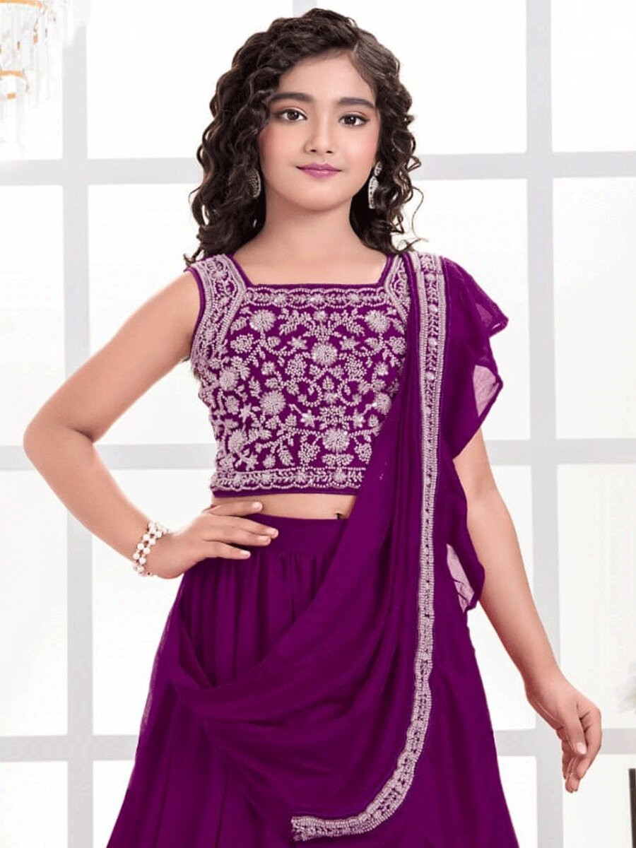 Purple Visitra Silk Embroidered Wedding Festival Party Lehengas Girls Wear